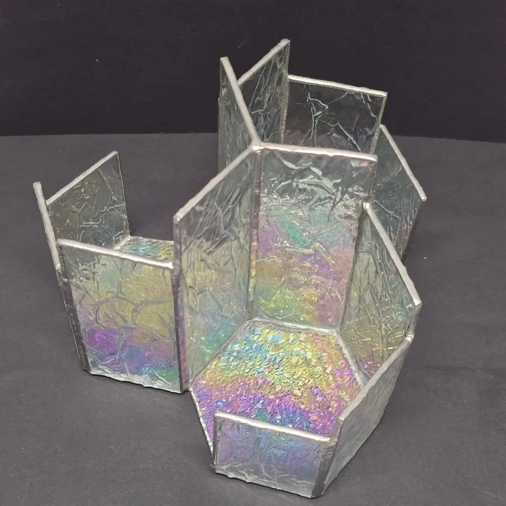 Vintage 3-slots Stained Glass Iridescent Bottom Modernist Votive Candle Holder